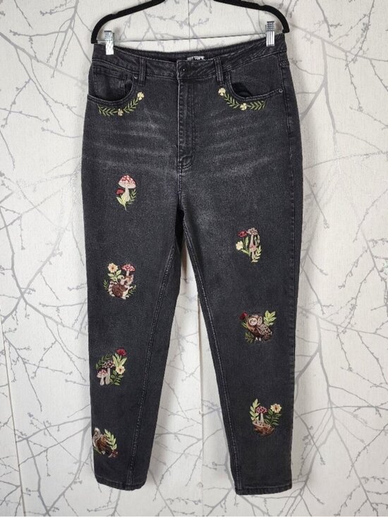 Hot Topic Denim - Hot Topic Mushroom Forest Creature Embroidered High Rise Mom Jeans